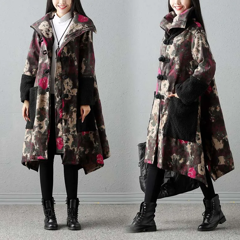 Винтаж Для женщин s Цветочный принт Карманный Кнопка с длинным рукавом парки