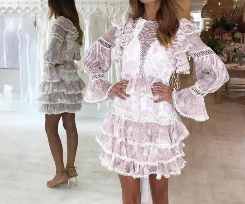 Кружевное платье с расклешенным рукавом высококачественное пикантное женское