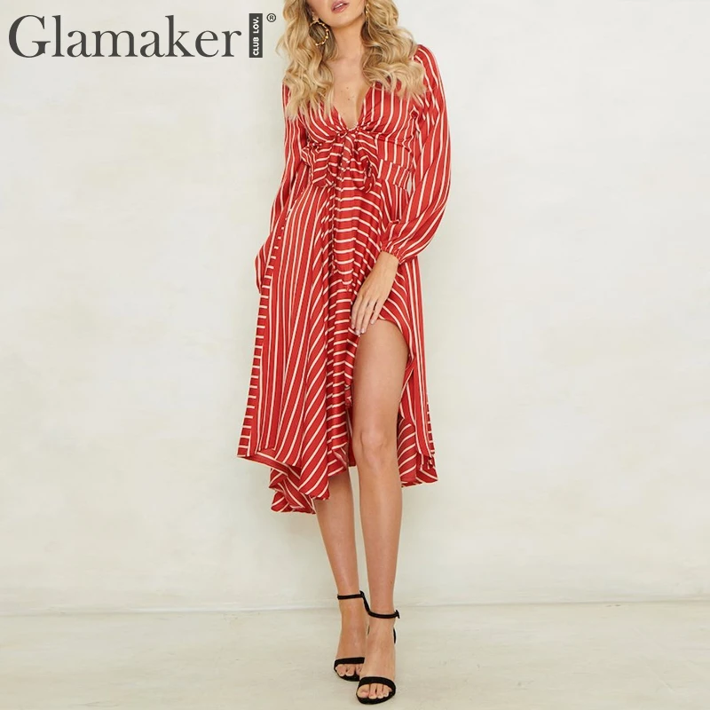 Фото Женское платье-миди с разрезом Glamaker Полосатое короткое вечернее платье Женское платье-миди с разрезом Glamaker Полосатое короткое вечернее платье