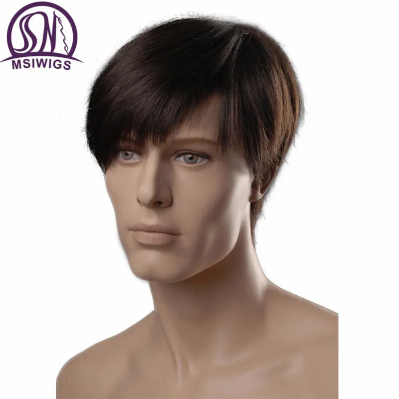 MSI Wigs 6 дюймов короткие прямые синтетические мужские парики темно-коричневый цвет натуральный мужской парик с боковой челкой Термостойкое волокно