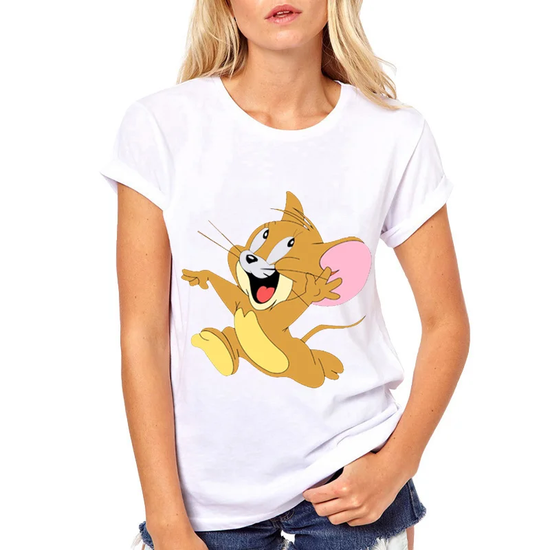2019 летние женские белые футболки с принтом мышки и кота Женские повседневные