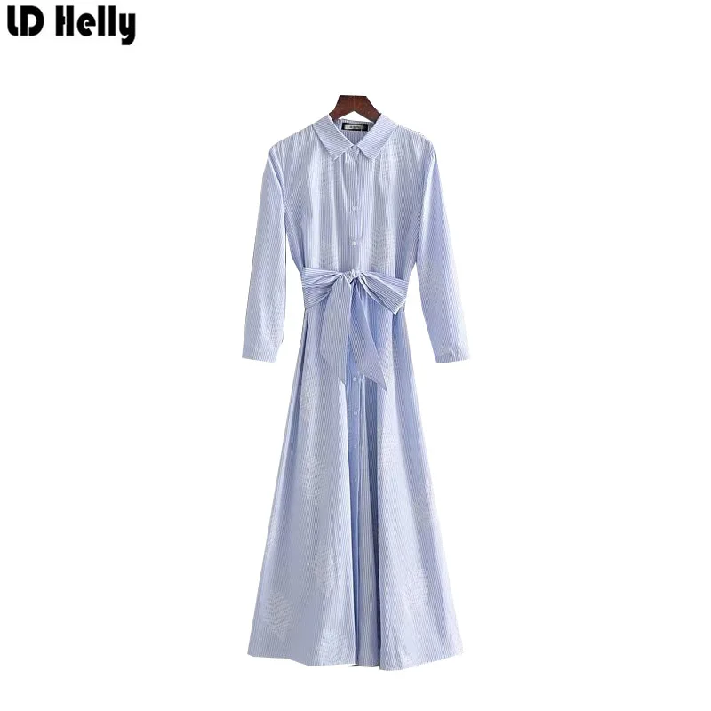 Женское платье в полоску LD Helly винтажное плиссированное до середины икры с поясом