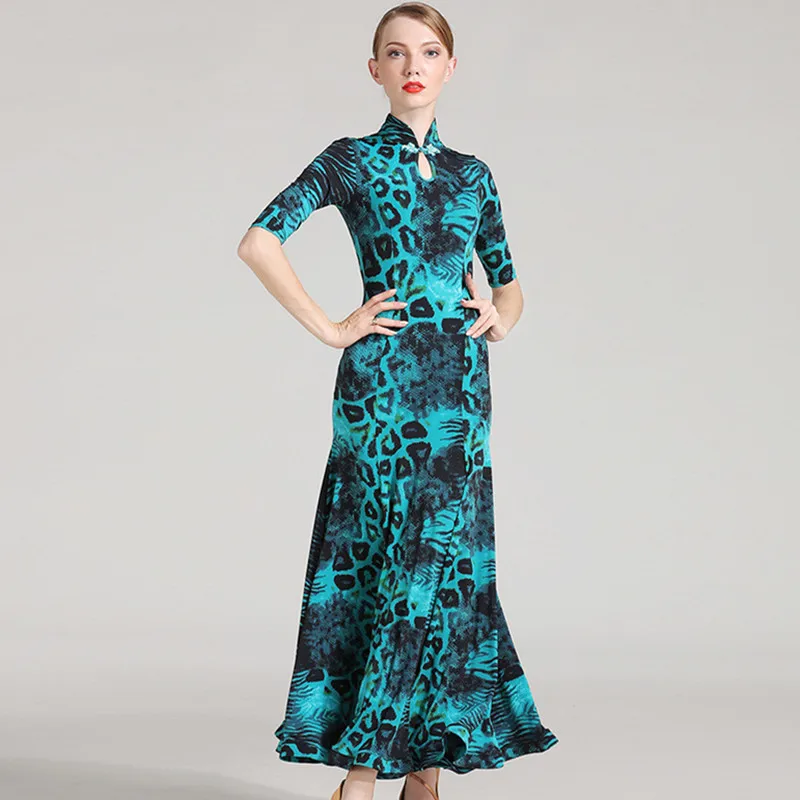 Женское платье для бальных танцев с синим леопардовым принтом|waltz dress|viennese waltz