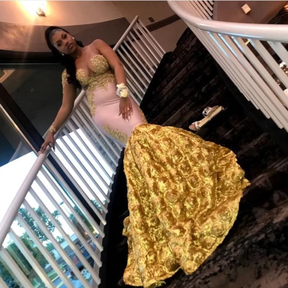 

Sexy African Mermaid One Shoulder Yellow Prom Dresses 2019 Sheer Sleeves Beaded Appliques Women Long Formal Party Gowns