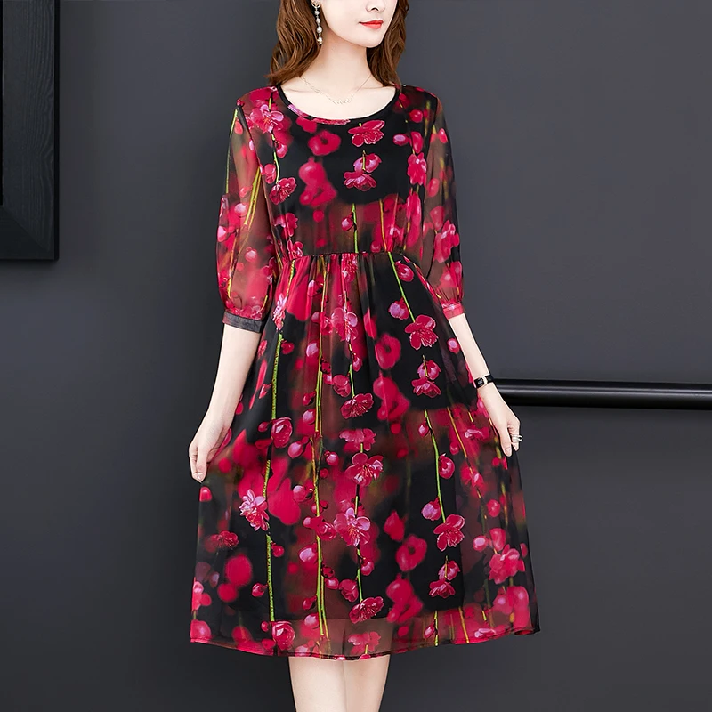 Elegant Female Vestidos Real Silk Dresses 2020 New Summer Vintage A-line Print Dress Loose O-Neck Short Sleevele | Женская одежда