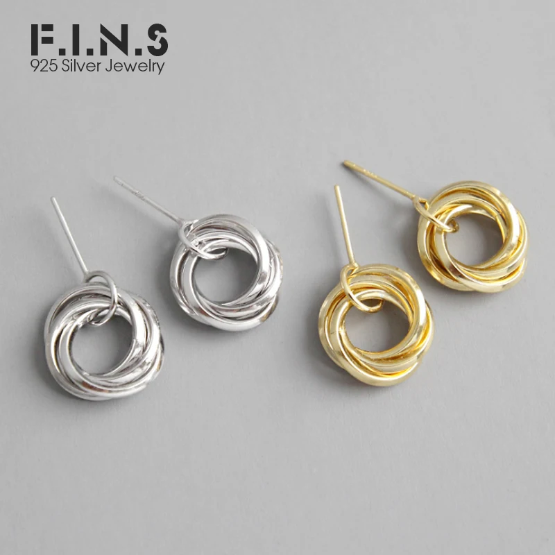 F.I.N.S серьги из чистого 925 пробы серебра, круглые сережки, золотые, разные круги, висячие серьги, корейская мода, ювелирные изделия