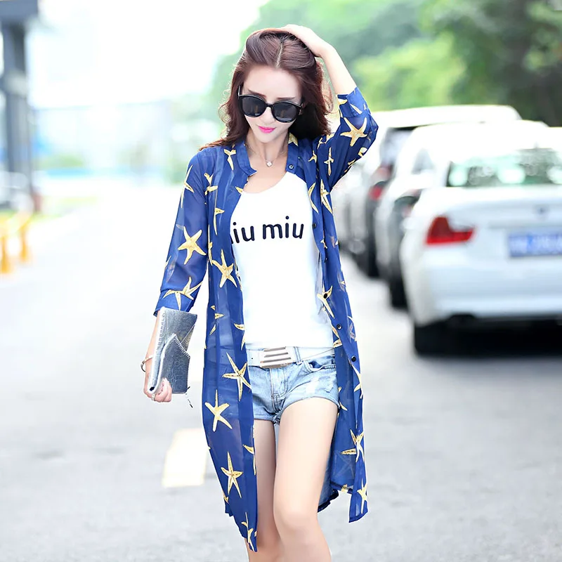 Новинка 2016 Летний шифоновый кардиган с принтом свободная длинная уличная
