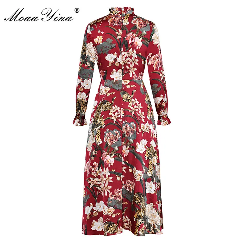MoaaYina животного Floral Print Стенд воротник с длинным рукавом сетки вышивка алмаз узкие