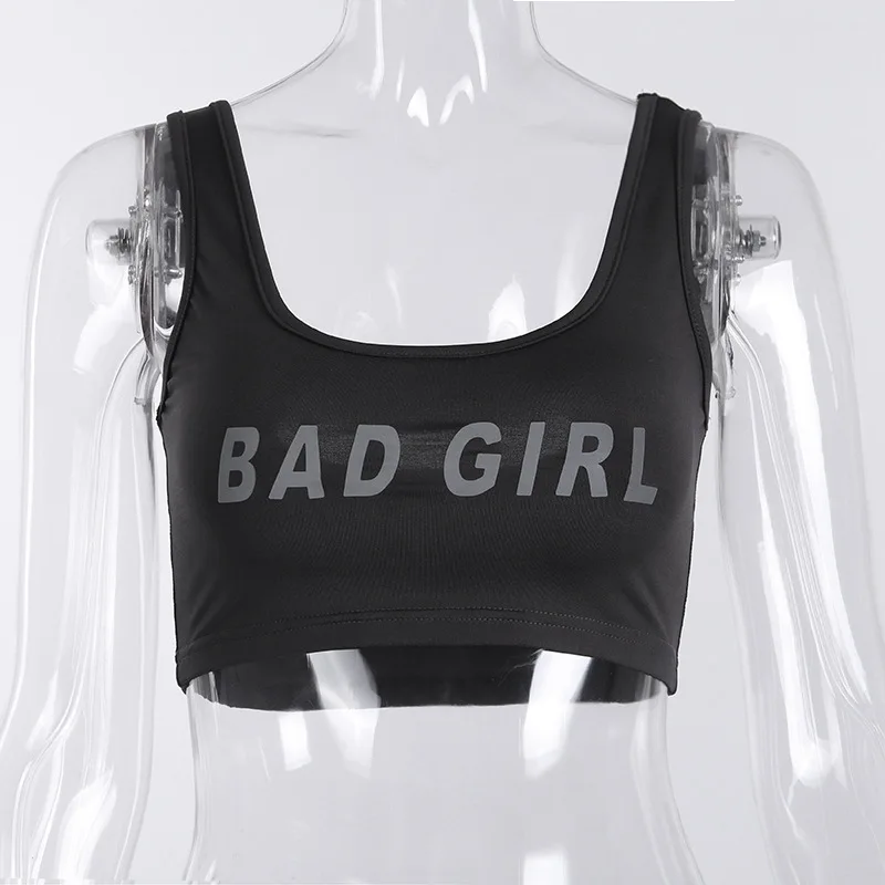 LVINMW сексуальный принт BAD GIRL отражающий легкий урожай топы летние женские без рукавов с квадратным вырезом эластичные Майки Женские повседневные футболки - Цвет: Black