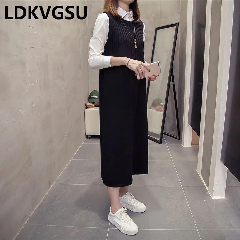 Sleeveless Knitted Dress Women' Long Loose Large Size Sweater Dresses Autumn Winter New Casual Pull Femme Vestidos Tide Is1478 |