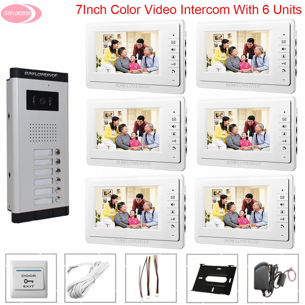 Wired Home Video Intercom Video Telefoon voor 6 Appartement Waterdichte Deurbel 7 inch Deurbel Intercom ir Camera Monitor Night Vision