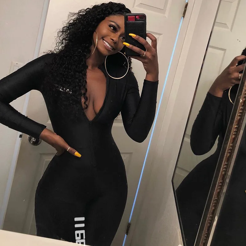 

Long Sleeve Zipper Patchwork Jumpsuit Women Fahsion Elastick Casual Slim Body 2019 Spring Autumn