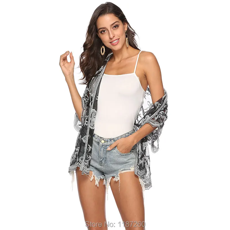 BOHOFREE плюс Размеры Sheer крючком цветок кружева кимоно Blusas 3/4 рукав на шнуровке
