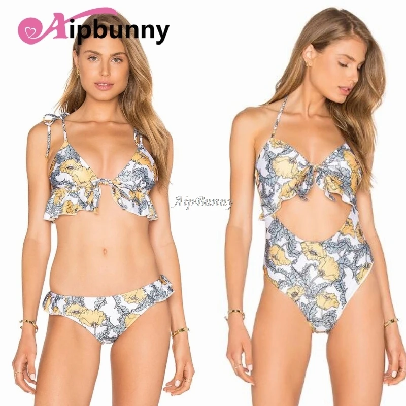 Рябить желтым цветочным купальник женщина 2018 печатных бикини пикантные женские