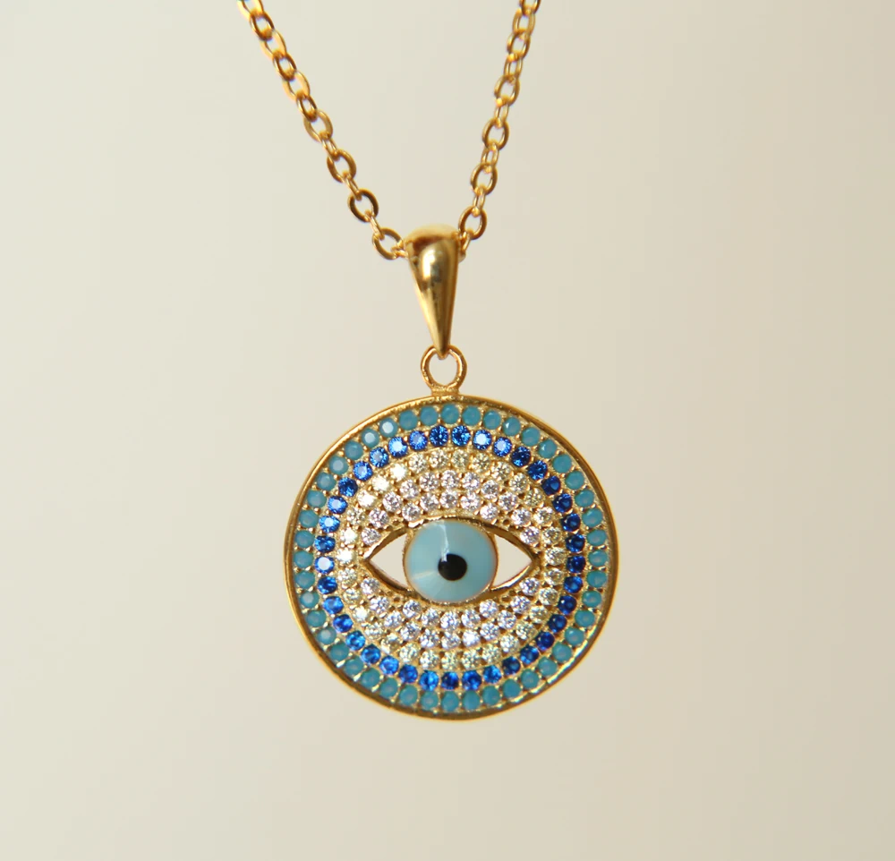 

2018 high quality 3 color 100% 925 sterling silver dainty thin chain delicate evil eye blue cz silver necklace for lady