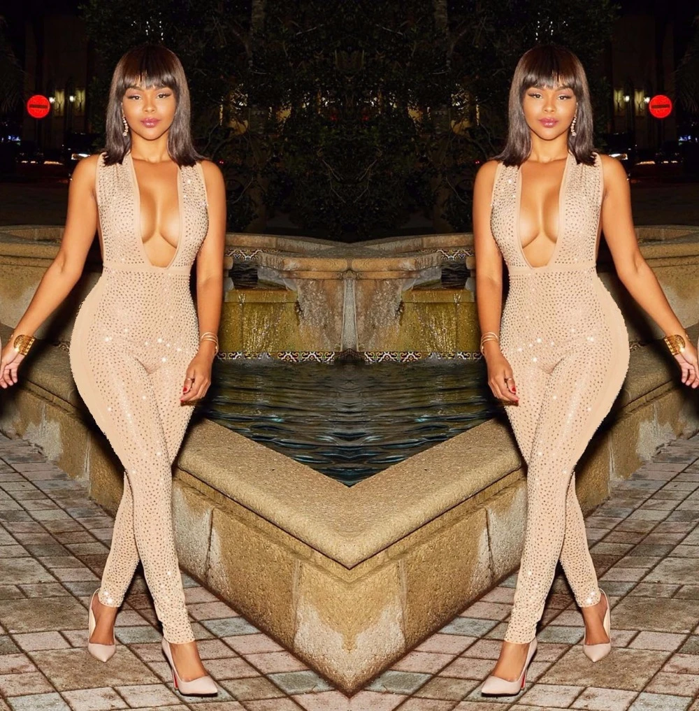 Женский комбинезон с глубоким v образным вырезом без рукавов блестками и