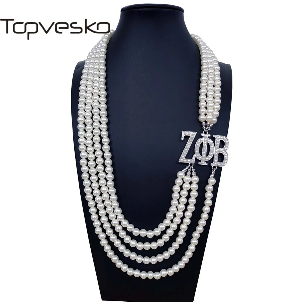 Topvekso-Colgante de perla blanca ZPB multicapa, joyería de estilo griego, Sorority Zeta Phi Beta, Gargantilla larga