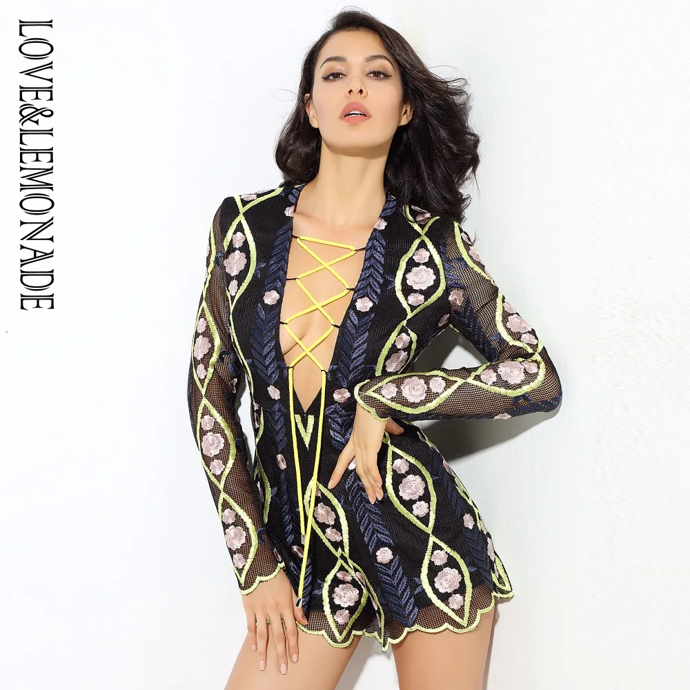 Love & лимонад сексуальный вырез геометрический узор Кружево бандажи Playsuit LM0336|playsuit