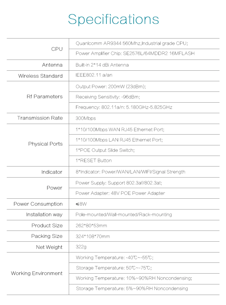 3 км 300 Мбит/с 5 ГГц беспроводной Открытый CPE wifi маршрутизатор Wi-Fi ретранслятор длинный диапазон AP маршрутизатор CPE беспроводной мост клиентский маршрутизатор Поддержка