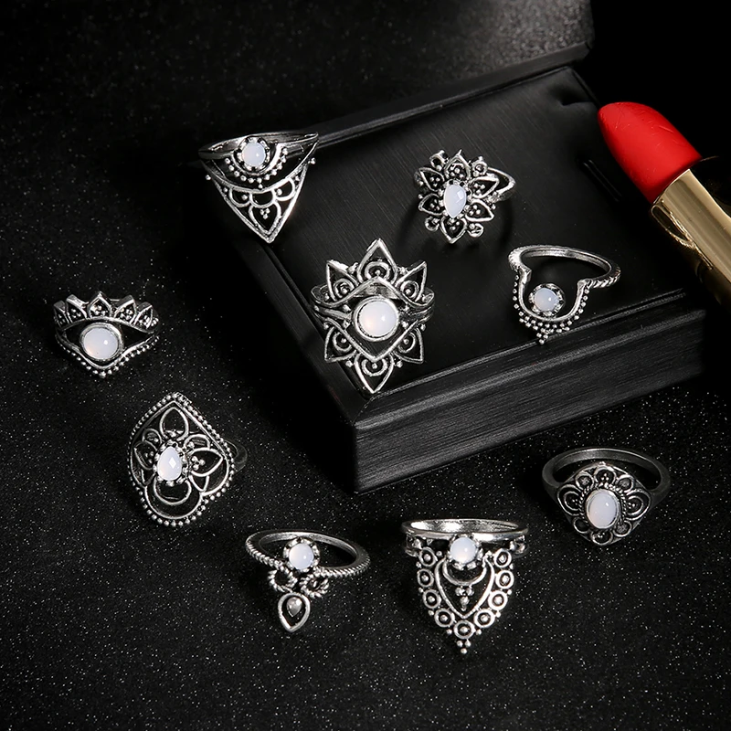 Набор женских колец 9 шт./компл. с полыми цветами в виде капли воды корона опалом