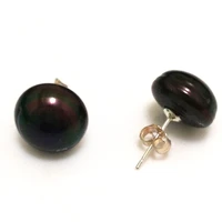 12 13mm black natural cultured freshwater button pearl sterling silver earring