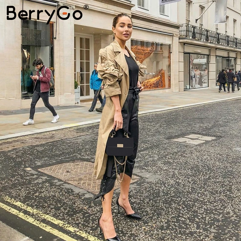 Женский Тренч с оборками по бокам BerryGo Элегантное Длинное осеннее пальто v