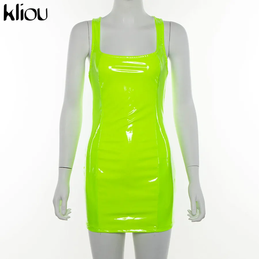 Kliou Новое женское летнее облегающее короткое модное яркое платье мини из искусственной кожи на бретелях с квадратным декольте