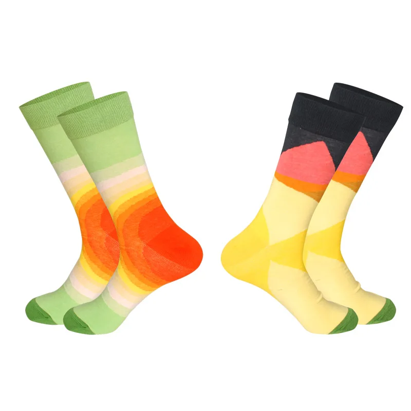 Hot Selling Spring Men Combed Cotton Socks With Striped Many-Sided Figure Art Jacquard Hit Color Long Dot Happy 2Pairs | Мужская одежда