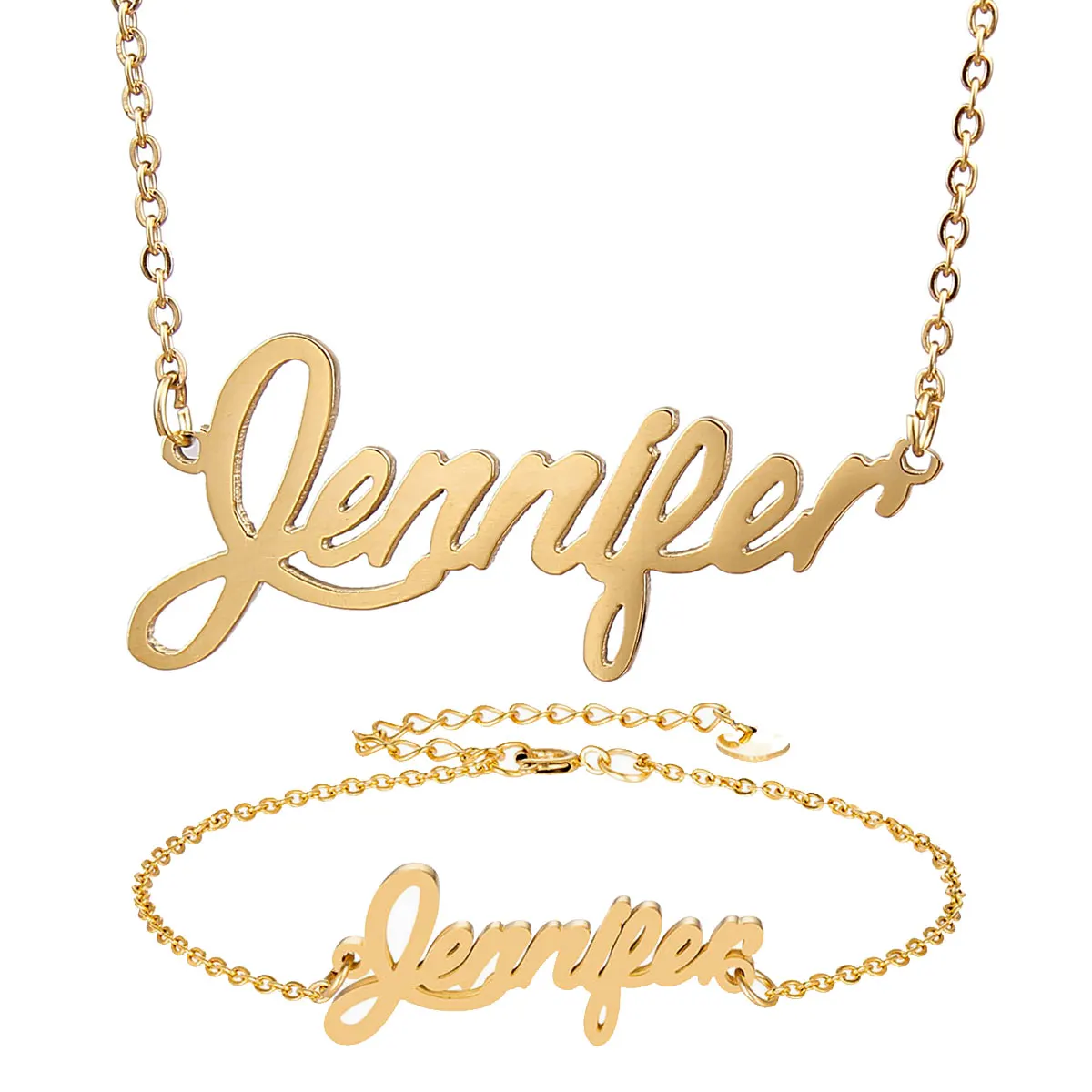 

Fashion Stainless Steel Name Necklace Bracelet Set " Jennifer " Script Letter Gold Choker Chain Necklace Pendant Nameplate Gift