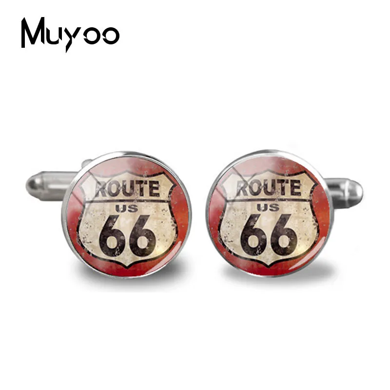 Новинка США ROUTE 66 запонки Route 66 выветренные дорожные запонки с гравировкой Мужская рубашка Запонки стеклянные купольные украшения фото манжеты - Окраска металла: 6