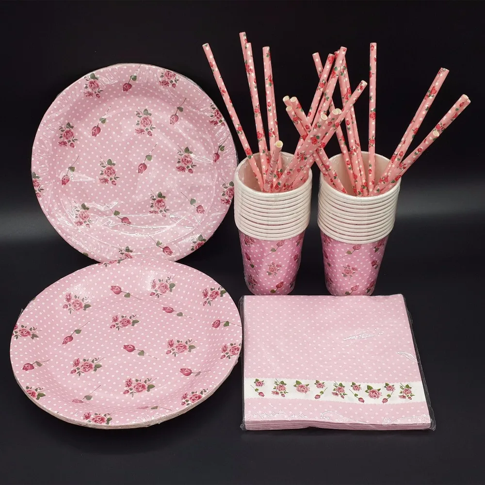 Pink purple Tableware Party paper plate cups napkins straw Boy baby shower wedding decoration |
