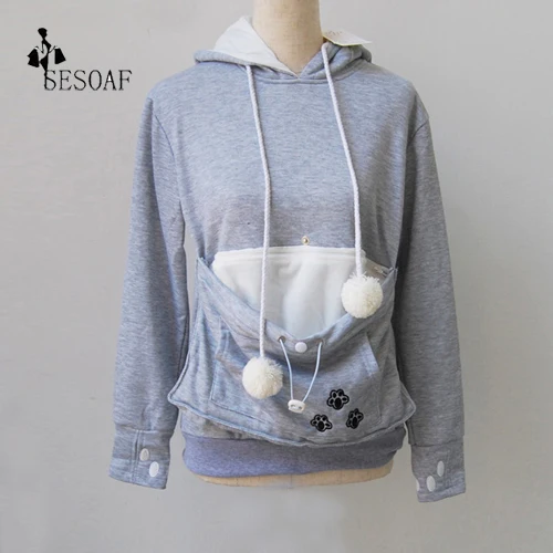 gray С фабрики; Толстовка для любителей кошек; кенгуру; собачья лапа; Прямая поставка; пуловеры; толстовка с капюшоном и карманом в виде ушей животных - Цвет: gray