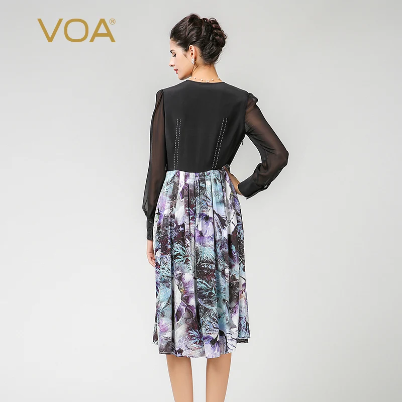 VOA женское шелковое черное Цветочное платье средней длины в стиле пэчворк A7379|dresses