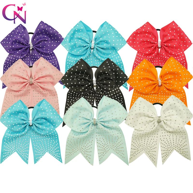 

9 Pieces/lot 7" Rhinestone Cheer Bows With Elastic Band For Kids Girls Handmade Large Crystal Center Hair Bows Hair Accessories