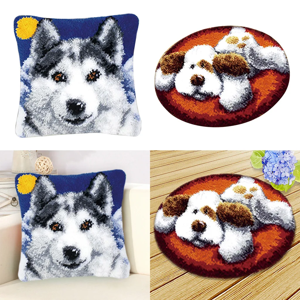 Barato Juego De Alfombra De Perro Lobo, Juego De Aguja De Lengüeta Para Adultos, Esterilla DIY, Cojín, Almohada, Bordado, Decoración Del Hogar, 2 Juegos