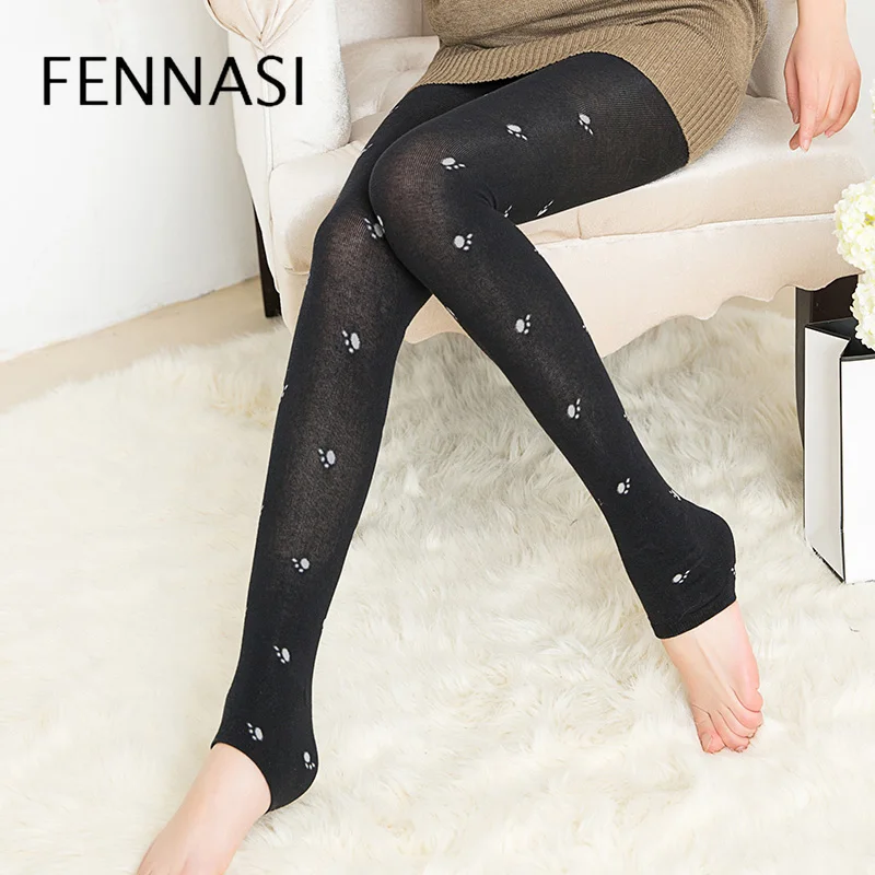 

FENNASI Women's cotton striped vertical stripes bear paw print warm tights women's high waist tights high elasticity