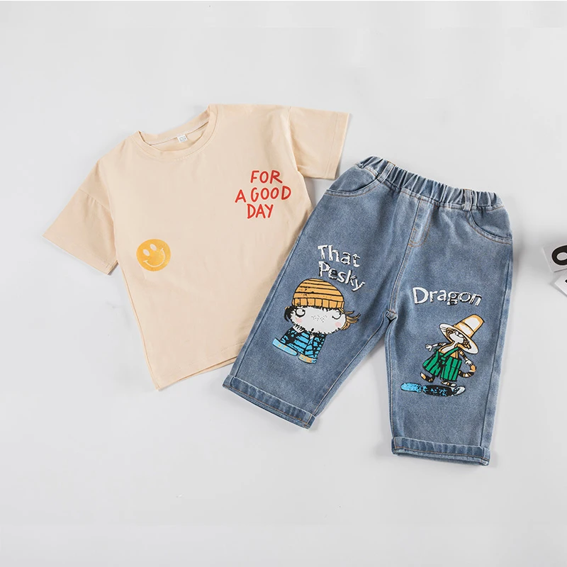 girl jeans sets H Комплект одежды для девочек, летняя одежда для девочек, короткий рукав, принт с сердцем+ рваные джинсовые шорты Детская одежда размеры для детей 6, 8, 10, 12 лет - Цвет: girl jeans sets H