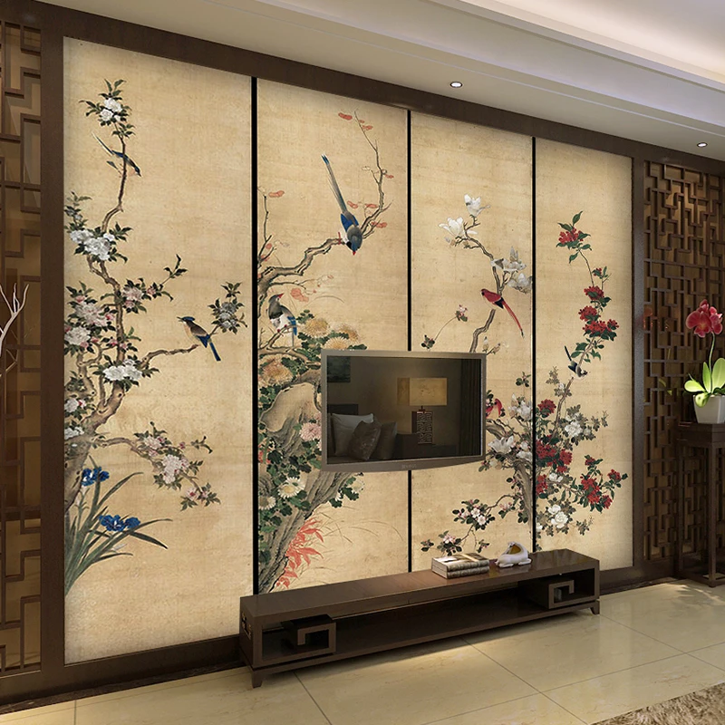 

3 d Wallpaper TV wall Mural for TV background large ink flower and bird frescos Chinese retro style wallpapers for living room