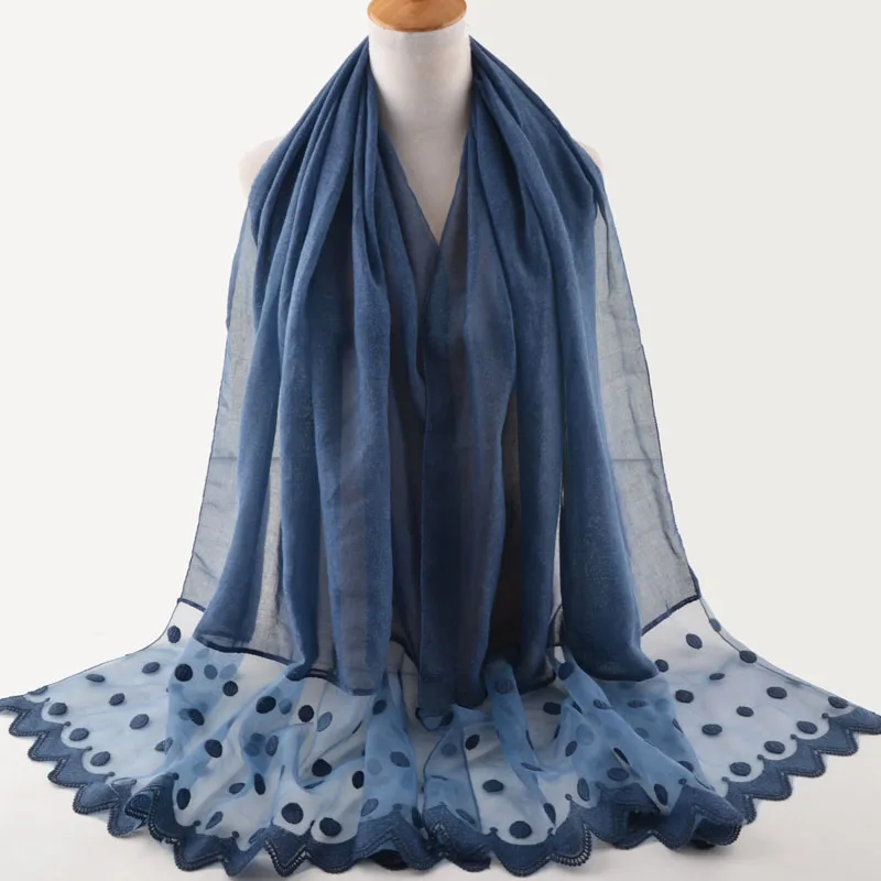 Шарфы женские 2018 хлопок шаль в горошек с кружевом и вышивкой шарф плотная хиджаб