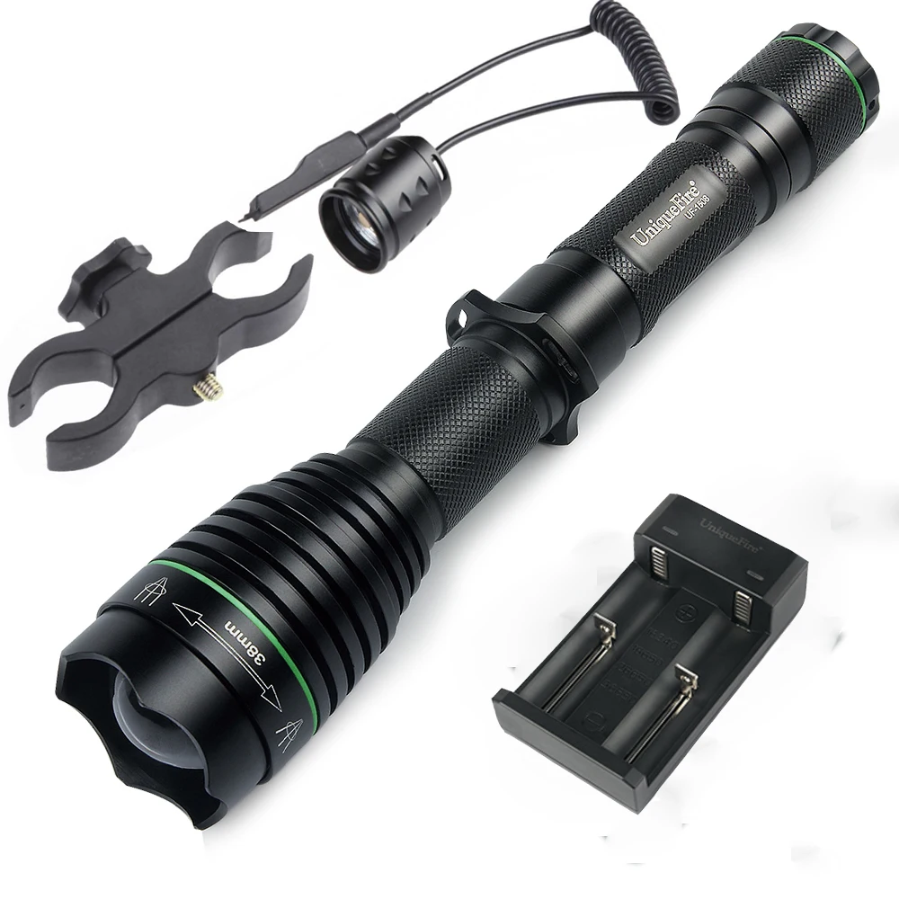 

UF-1508 IR850nm T38 охотничий фонарик 3 режима Масштабируемые прожекторы дальнего действия + ScopeMount + зарядка + трещотка идеальный фонарик для стрельб...