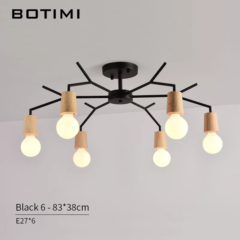 6 Light Black BOTIMI Американский деревянный светодиодный потолочный светильник для гостиной черный металлический потолочный светильник E27 спальня белые комнатные деревянные люстры - Цвет корпуса: 6 Light Black
