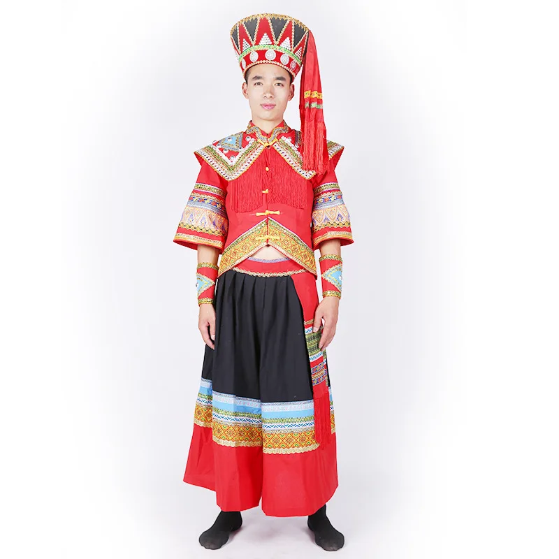 

Chinese Unique Cosplay Party GuangXi Zhuang Costume Men Minority Dance Clothing Zhuang National Folk Suits Hat + Jacket + Pants