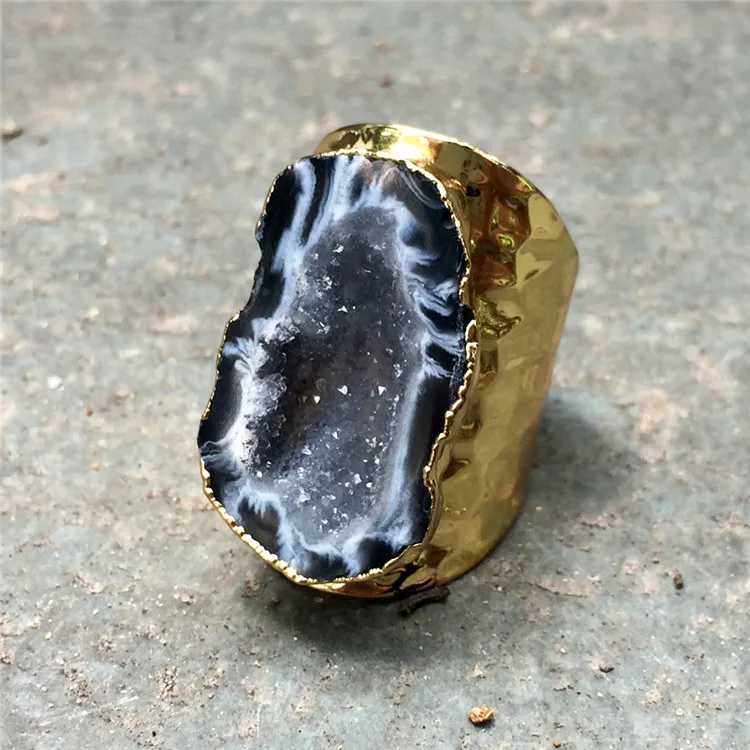 1 BOROSA натуральный кулон Agates Druzy Открытое кольцо Ringe Гальваническое натуральный оникс Агаты драгоценные камни Свадебная вечеринка кольцо - Цвет основного камня: 1