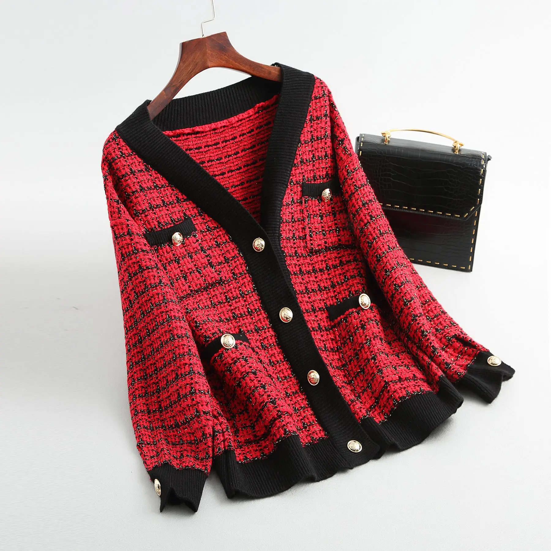 В винтажном стиле Сезон весна осень в клетку мягкие шерстяные вязаные жакеты