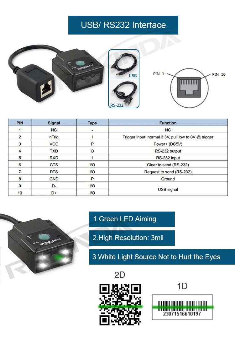 LV3000U-OCR/MRZ сканер штрих-кода QR для сборочной линии с интерфейсом RS232