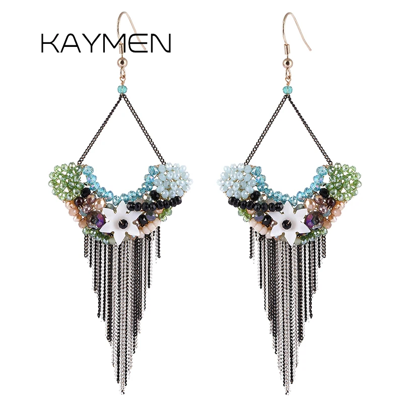 

KAYMEN New Arrivals Many Crystal Beads Weaving Flower Shape Handmade Statement Golden Drop Dangle Tassels Earrings for Women