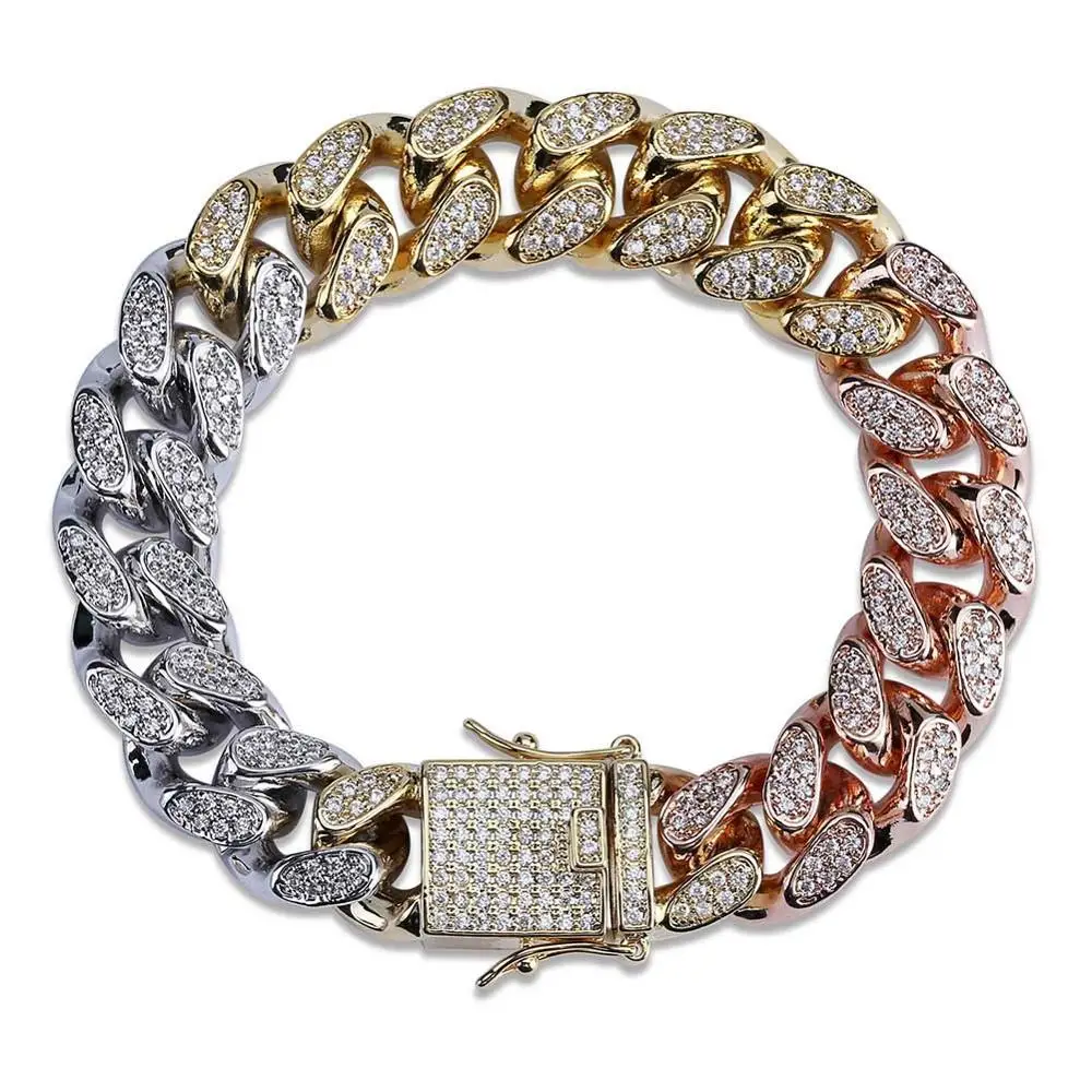 

14mm New Style Men's Gold Silver Rose Gold Tricolor Iced Out Cubic Zircon Cuban Link Chain Bracelet HipHop Jewelry Gifts JUNLU