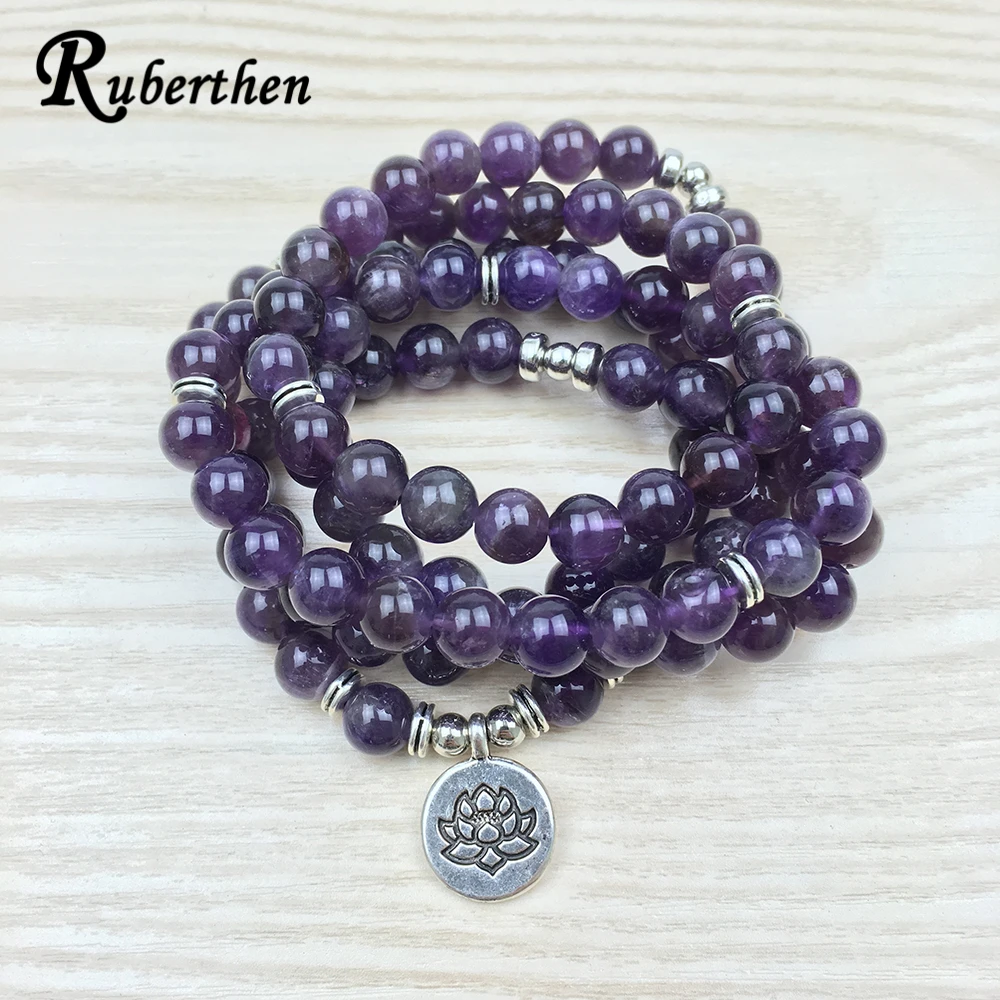 Ruberthen 2018 роскошный дизайн натуральный фиолетовый камень 108 Mala браслет с цветком