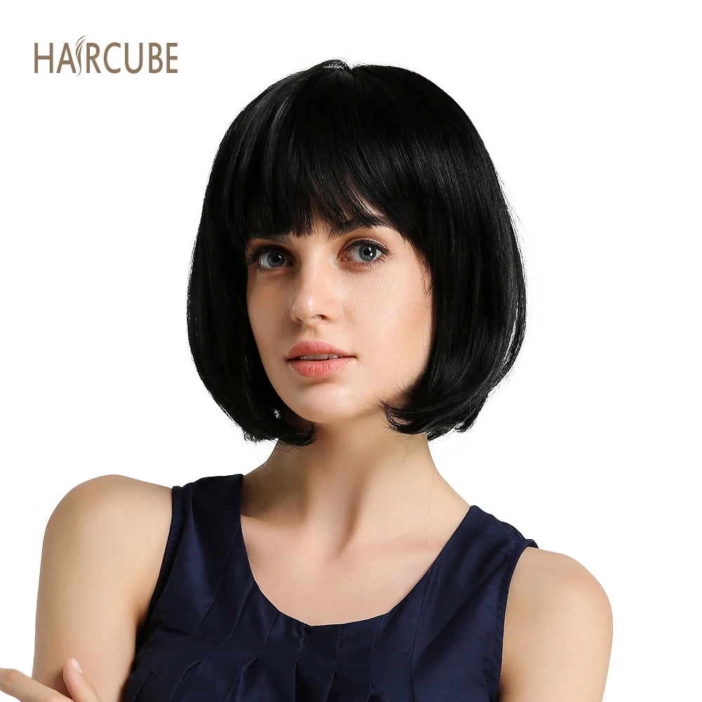 Haircube 8 дюймов синтетический парик 50% человеческие волосы натуральный черный боб парики с аккуратной челкой короткие прямые волосы парики для женщин