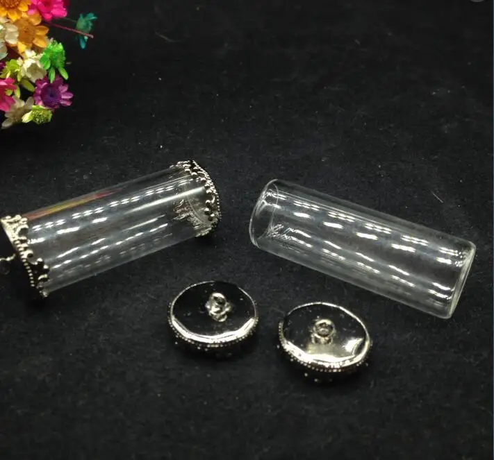 

20sets/lot 40*15mm one sides open tube glass globe findings black flower button base glass bottle jewelry diy pendant necklace